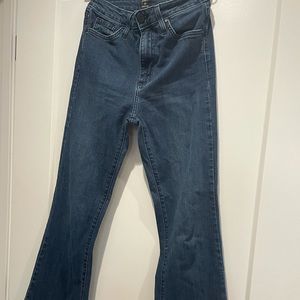 Just Black Denim Dark Wash High Rise Waist Classic Raw Hem Wide Leg Flare Jeans